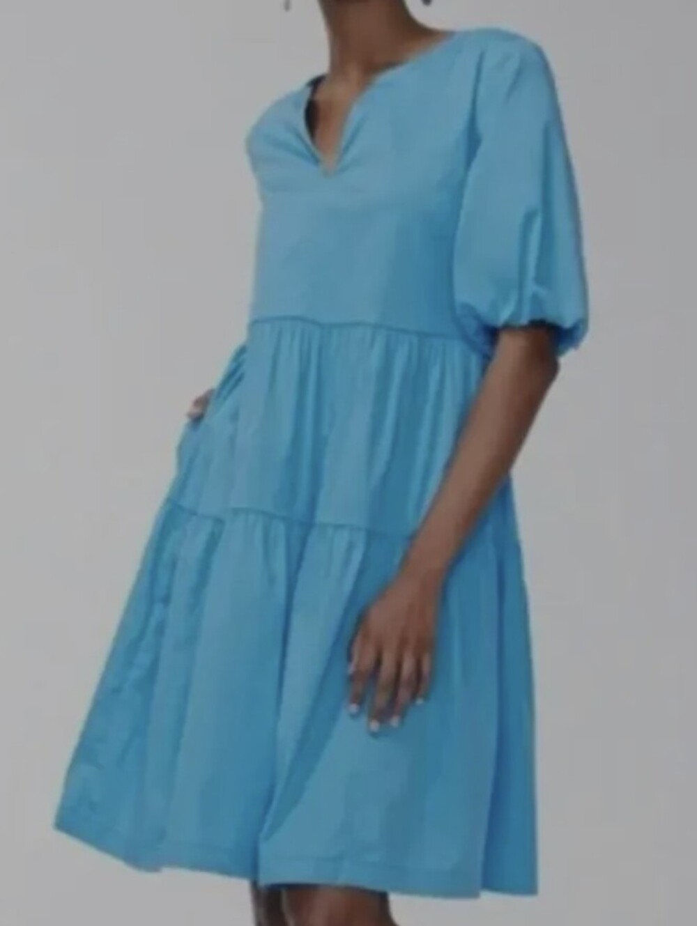Chico's Blue Tiered V-Neck Puff Sleeve Dress